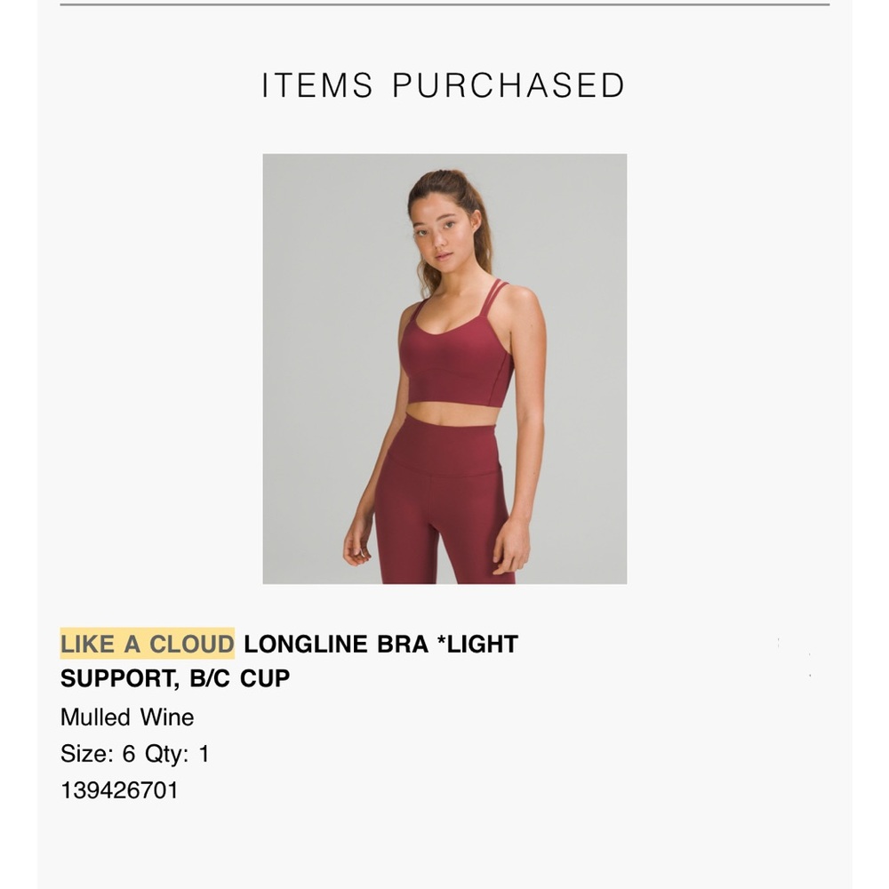 Lululemon | Like a Cloud Longline Sports Bra | Mulled Wine | 6